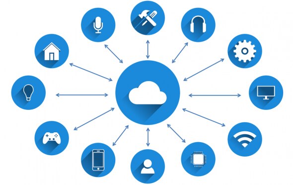 Illustration of cloud technology connecting various devices and tools.