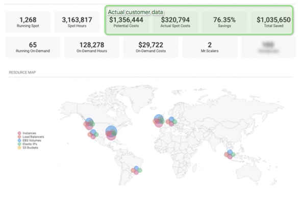 A world map displaying actual customer data with spot costs and savings.