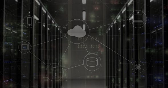 A digital illustration of a data center with cloud computing icons overlaying server racks.