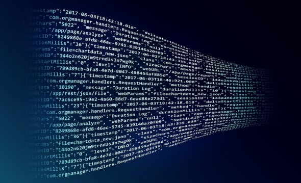 A visual representation of a flowing data stream with code and timestamps on a dark background.