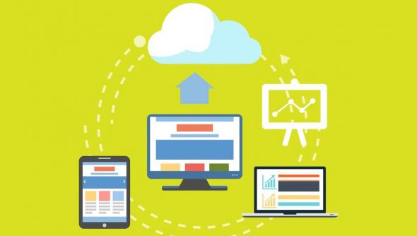 Illustration of cloud computing with devices uploading data.