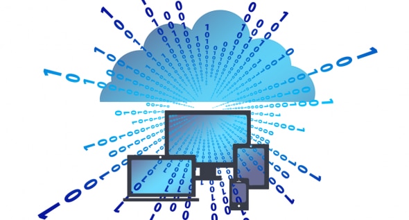 An illustration of cloud computing featuring a cloud icon emitting binary code