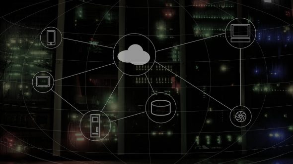 Illustration of a cloud network connecting various devices and databases.