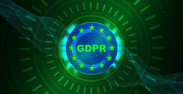 A circular emblem representing GDPR with stars and a blue background,surrounded by a digital-themed green design.