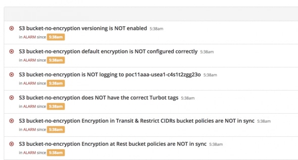 Errors related to S3 bucket encryption configurations and alarms.