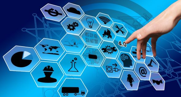 A hand reaching towards various technology and industry icons on a blue background.