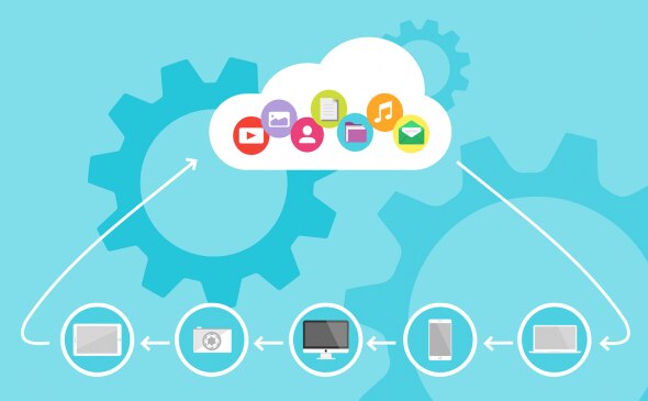 An illustration showing cloud computing with various devices connected to a cloud symbol containing app icons.