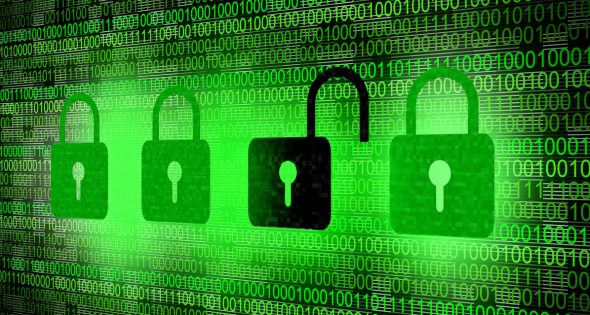 Graphic of locks and binary code representing cybersecurity themes.