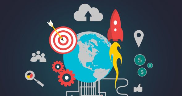 Illustration of global business concepts with a rocket, target, and various icons.