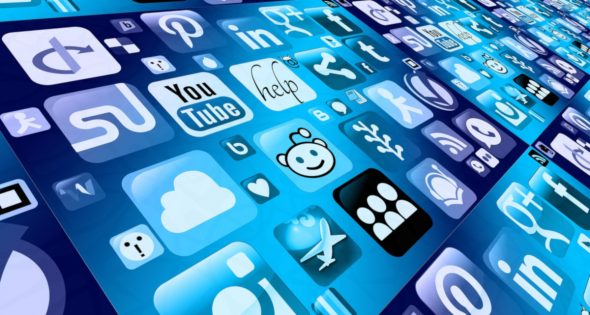 A collage of various social media icons and application logos on a blue background.