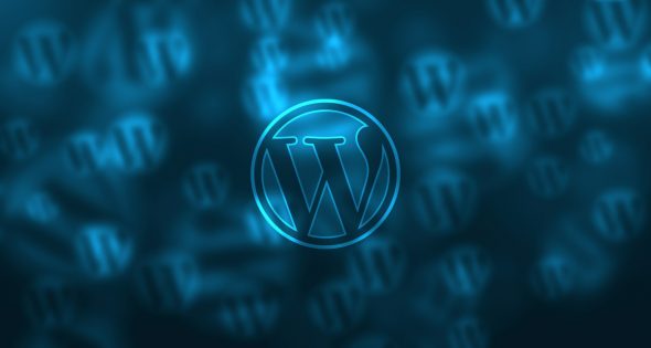 A blue-themed image featuring the WordPress logo against a blurred background of repeated WordPress icons.