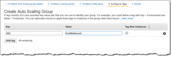 Interface for configuring tags in an auto scaling group.