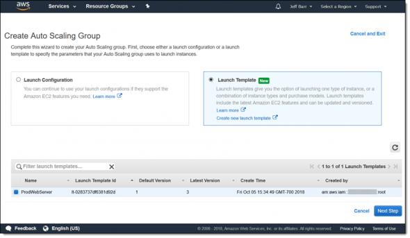 AWS interface for creating an auto scaling group with launch templates.