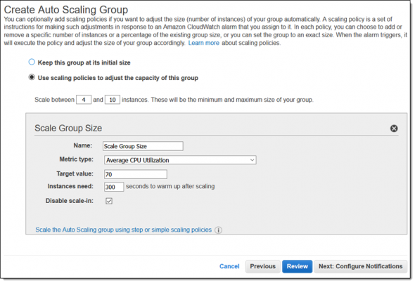 Settings for creating an Auto Scaling Group,including options for scaling policies,target metrics,and instance numbers.