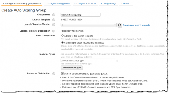 Configuration settings for creating an auto scaling group in AWS.