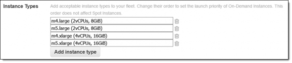 List of AWS instance types with specifications and options.