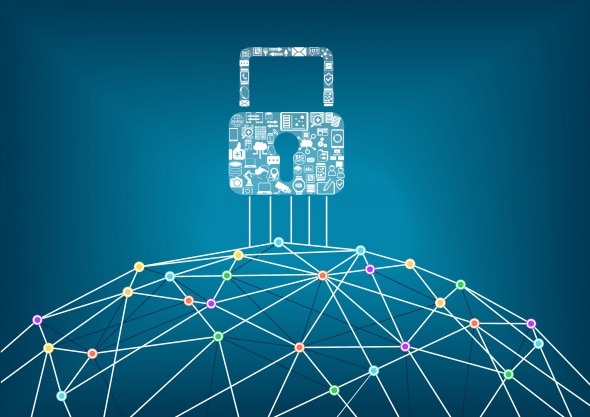 Illustration of a padlock made of digital icons hovering over a network of interconnected nodes