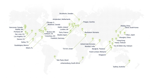 A world map displaying various cities marked with dots,indicating their locations across different continents.