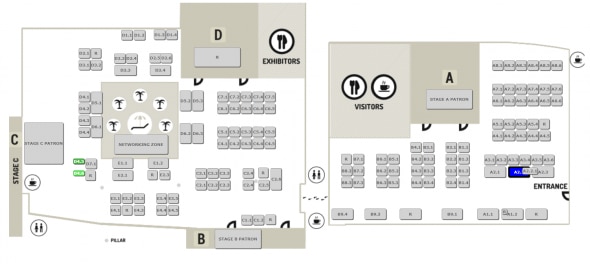 A floor plan layout indicating areas for exhibitors, visitors, and amenities.