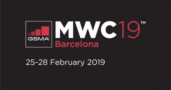 Logo for the Mobile World Congress 2019 event in Barcelona,featuring the dates 25-28 February 2019.