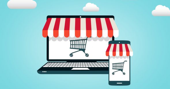 An illustration depicting online shopping with a laptop and smartphone,both showing shopping cart icons and awnings.