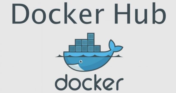 Logo of Docker Hub featuring a stylized whale carrying stacked containers.