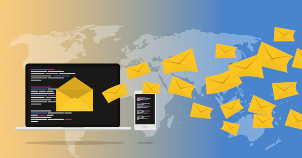 Illustration of email communication with envelopes flying from devices.