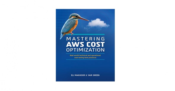 Cover of the book 'Mastering AWS Cost Optimization' featuring a kingfisher and a cloud on a blue background.