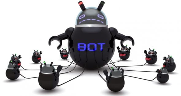 A central robot with multiple smaller robots connected by wires,featuring a digital display showing 'BOT'.