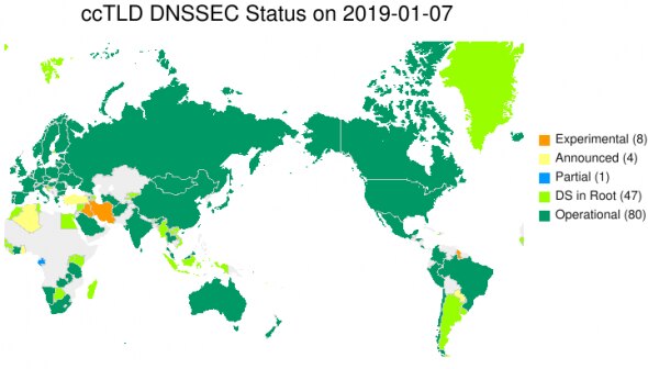 World map showing ccTLD DNSSEC status on January 7, 2019.