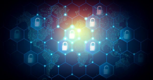 A digital world map with hexagonal patterns,overlayed with padlock icons representing cybersecurity and data protection.