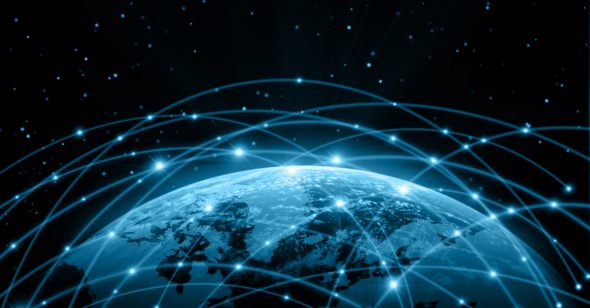 A digital representation of Earth with interconnected lines symbolizing global network connectivity.