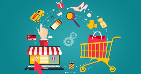 Illustration of online shopping process with cart, products, and digital interactions.