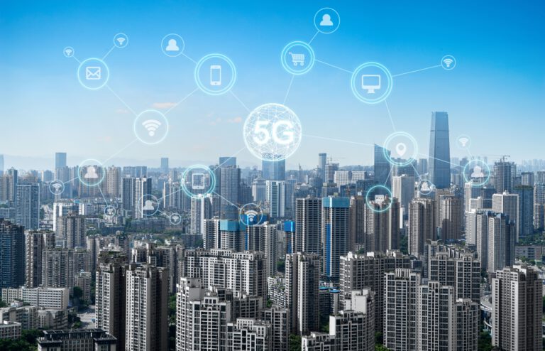 A city skyline with 5G network icons illustrating connectivity.