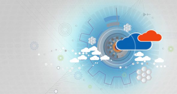 An abstract illustration featuring a central gear design with clouds and a blue-orange color scheme