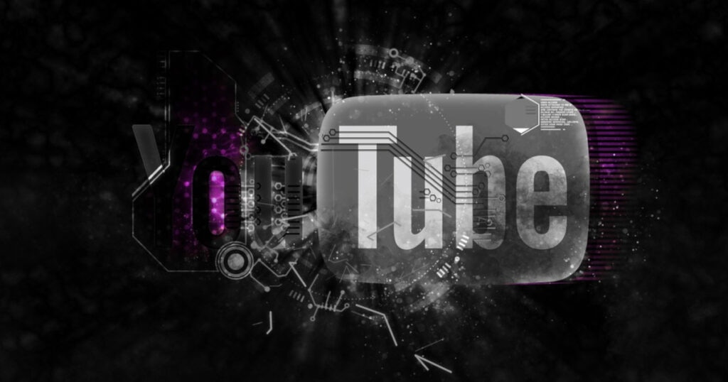 An abstract representation of the YouTube logo with digital effects and a dark background.