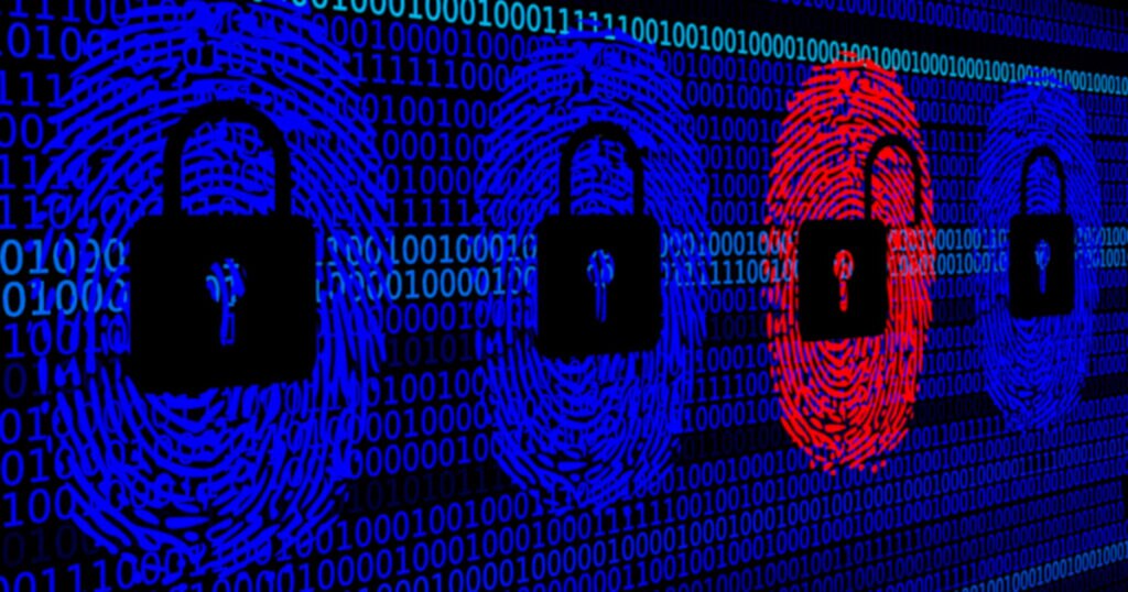 Graphic of lock symbols over fingerprint patterns with binary code.