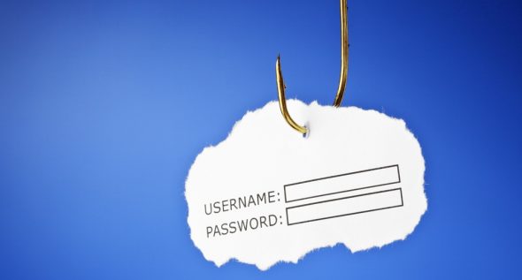 A fishing hook hanging from a blue background with a torn paper label indicating 'USERNAME:' and 'PASSWORD:' input fields.