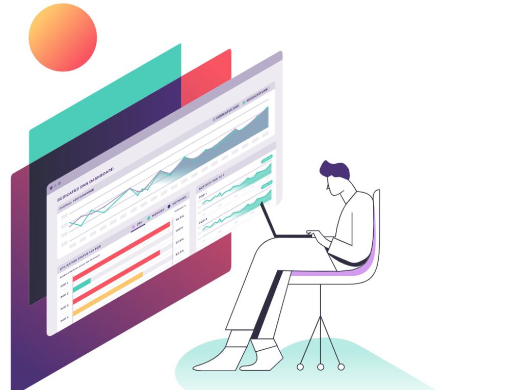 An illustration of a person sitting and analyzing data on a large screen displaying various graphs and metrics.