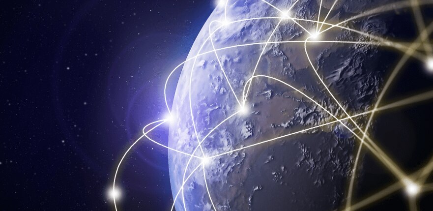 A digital representation of Earth interconnected with glowing lines