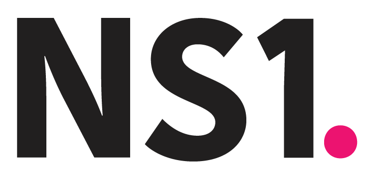 Logo of NS1,featuring stylized text in black with a pink dot.