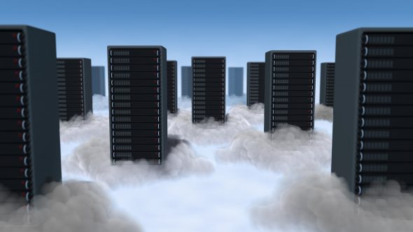 A digital illustration of multiple server towers emerging from clouds