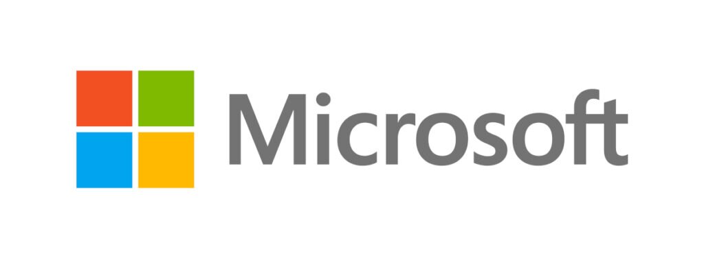 Microsoft logo featuring a four-color window icon and the company name in gray.