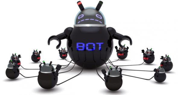 A central robot with 'BOT' displayed on its body,surrounded by several smaller robots,all connected by wires.