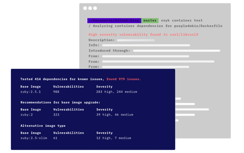 Docker vulnerability analysis results for container dependencies.