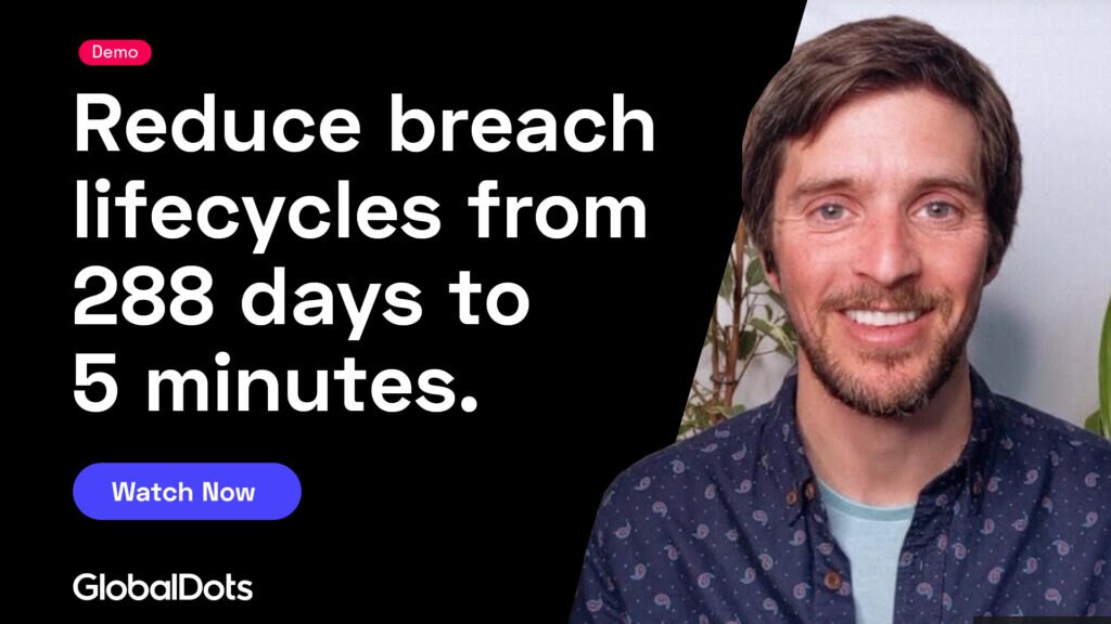 An advertisement promoting a demo on reducing breach lifecycles from 288 days to 5 minutes,featuring a smiling individual.