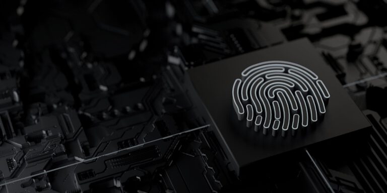 A close-up of a fingerprint design on a black circuit board background