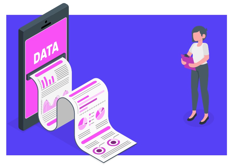 An illustration of a phone displaying data and a person holding a document.