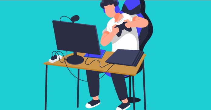 An illustration of a person playing video games at a desk with a computer and gaming accessories.