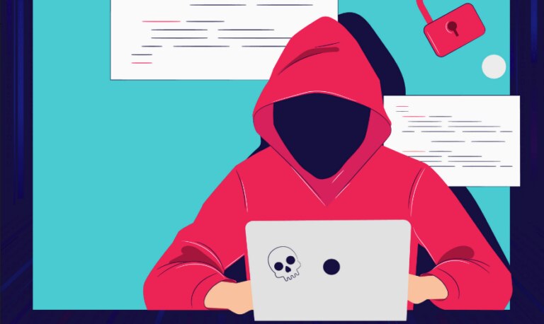 An illustration of a person in a hoodie working on a laptop